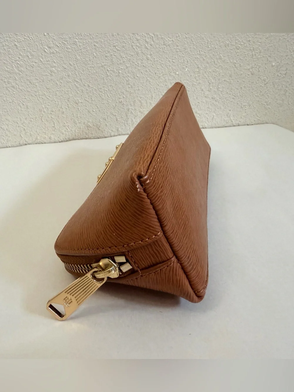 Lauren Ralph Lauren Brown Textured Makeup Cosmetic Pencil Case Gold Hardware